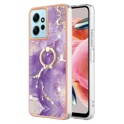 For Xiaomi Redmi Note 12 4G YB IMD Series Marble Pattern Electroplating Case Ring Grip Kickstand Soft TPU IMD Phone Cover