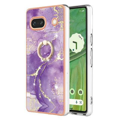 For Google Pixel 7A YB IMD Series Marble Pattern Electroplating Case Ring Grip Kickstand Soft TPU IMD Phone Cover