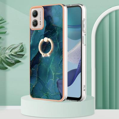 For Motorola Moto G53 YB IMD Series Marble Pattern Electroplating Case Ring Grip Kickstand Soft TPU IMD Phone Cover