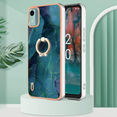 For Nokia C12 YB IMD Series Marble Pattern Electroplating Case Ring Grip Kickstand Soft TPU IMD Phone Cover