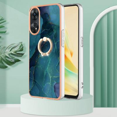 For Oppo A98 YB IMD Series Marble Pattern Electroplating Case Ring Grip Kickstand Soft TPU IMD Phone Cover