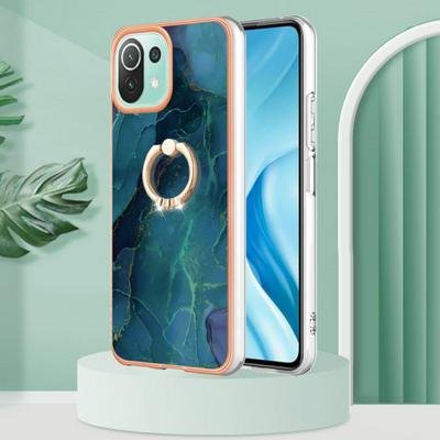 For Xiaomi 11 Lite YB IMD Series Marble Pattern Electroplating Case Ring Grip Kickstand Soft TPU IMD Phone Cover