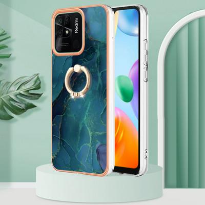For Xiaomi Redmi 10C YB IMD Series Marble Pattern Electroplating Case Ring Grip Kickstand Soft TPU IMD Phone Cover