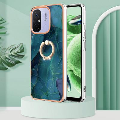 For Xiaomi Redmi 12C YB IMD Series Marble Pattern Electroplating Case Ring Grip Kickstand Soft TPU IMD Phone Cover