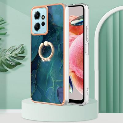 For Xiaomi Redmi Note 12 4G YB IMD Series Marble Pattern Electroplating Case Ring Grip Kickstand Soft TPU IMD Phone Cover