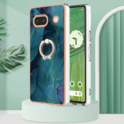 For Google Pixel 7A YB IMD Series Marble Pattern Electroplating Case Ring Grip Kickstand Soft TPU IMD Phone Cover