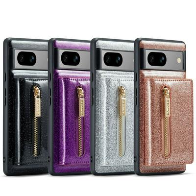 DG.MING M3 Series Magnetic Phone Cover For Google Pixel 7A Anti-drop 2-in-1 Detachable Glittery Zippered Wallet Phone Case Kickstand