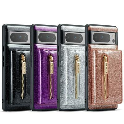 DG.MING M3 Series Magnetic Phone Cover For Google Pixel 8 Pro Anti-drop 2-in-1 Detachable Glittery Zippered Wallet Phone Case Kickstand