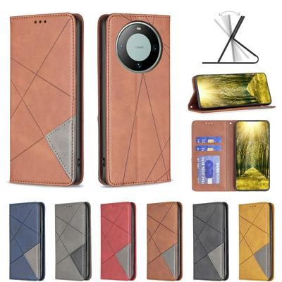 For Huawei Mate 60 Stitching Rhombus Pattern Folio Flip PU Leather Wallet Phone Case