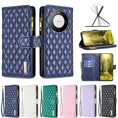 BINFEN COLOR BF15 for Huawei Mate 60 Pro Anti-drop Zipper Pocket Phone Case Imprinted Rhombus Pattern Flip Wallet Cover Stand