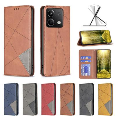 For Xiaomi Redmi Note 13 Stitching Rhombus Pattern Folio Flip PU Leather Wallet Phone Case