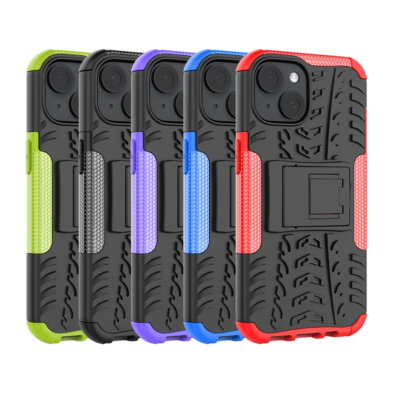 Military Grade Armor Heavy Duty PC + PU Hybrid Impact Tire Model Kickstand Dual Layer Protection Cover for iPhone 15