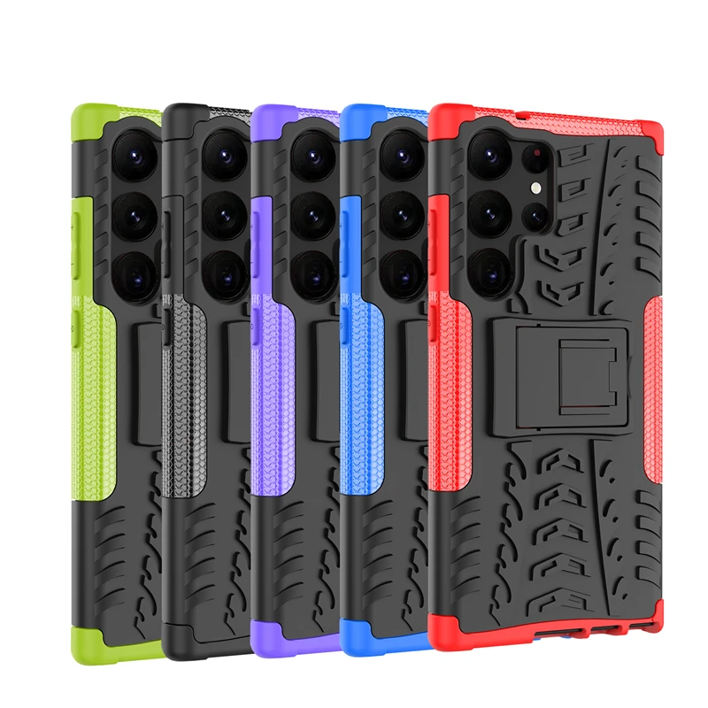 Military Grade Armor Heavy Duty PC + PU Hybrid Impact Tire Model Kickstand Dual Layer Protection Cover for Samsung Galaxy S23 Ultra