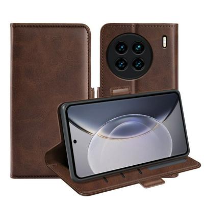 For Vivo X90 Pro Plus Double Buckle Wallet Style Folio Flip Leather Case with Stand and Card Slots Function
