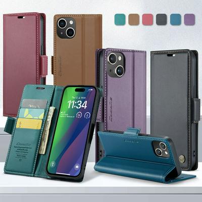 CASEME 023 Series For iPhone 15 RFID Blocking Leather Case Wallet Stand Phone Cover
