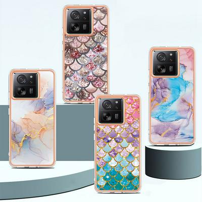 For Xiaomi 13T/13T Pro IMD Anti-dirt Anti-scratch Soft TPU Case Electroplating Edge IMD Marble Floral Pattern Cover