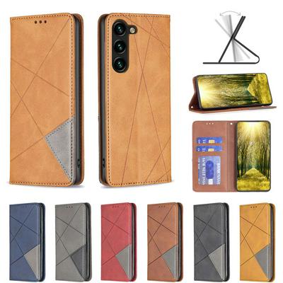 For Samsung Galaxy S24 Plus Stitching Rhombus Pattern Folio Flip PU Leather Wallet Phone Case