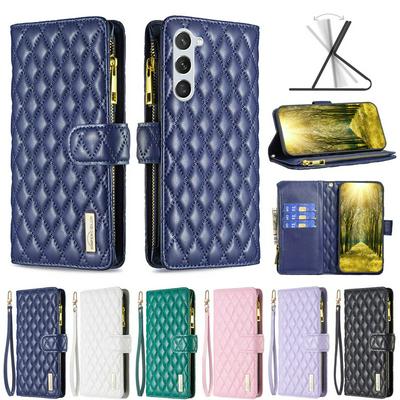 BINFEN COLOR BF15 for Samsung Galaxy S24 Anti-drop Zipper Pocket Phone Case Imprinted Rhombus Pattern Flip Wallet Cover Stand
