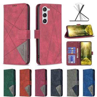 BF05 For Samsung Galaxy S24 Stitching Rhombus Pattern Folio Flip PU Leather Wallet Phone Case