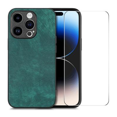 ENKAY Straw Hat Prince For iPhone 14 Pro Max Retro Leather Coated PC Anti-fall Phone Case + High Aluminum Silicon Tempered Glass Protective Film