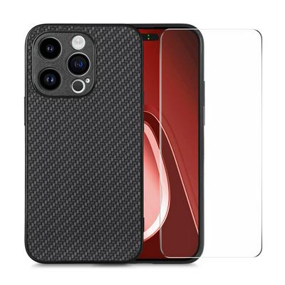 ENKAY Hat-Prince For iPhone 15 Pro PC+PU Leather Carbon Fiber Anti-fall Phone Case + High Aluminum Silicon Tempered Glass Protective Film