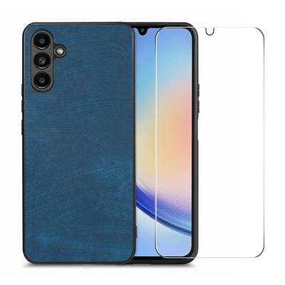 ENKAY Straw Hat Prince For Samsung Galaxy A34 Retro Leather Coated PC Anti-fall Phone Case + High Aluminum Silicon Tempered Glass Protective Film