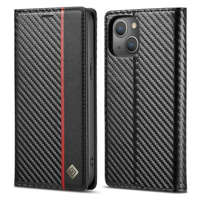 LC.IMEEKE For iPhone 15 Carbon Fiber Pattern Anti-fall Folio Flip Leather Case with Card Slots