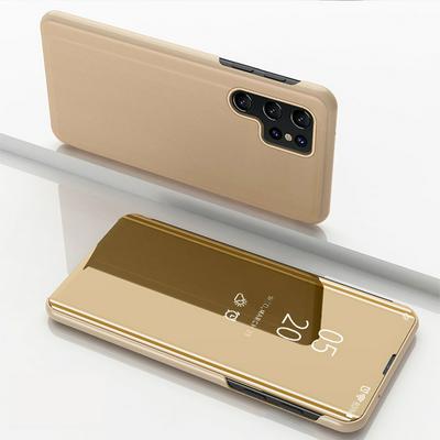 Clear View Cover Electroplated Mirror Translucent PU Leather + PC with Triangle Viewing Stand Flip Case for Samsung Galaxy S23 Ultra