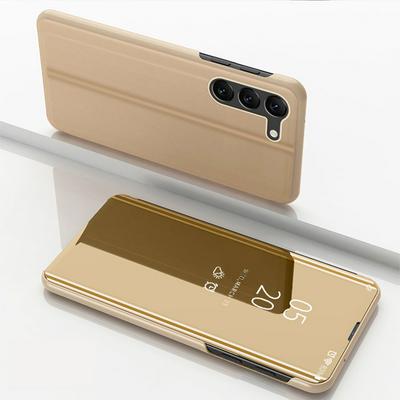 Clear View Cover Electroplated Mirror Translucent PU Leather + PC with Triangle Viewing Stand Flip Case for Samsung Galaxy S23