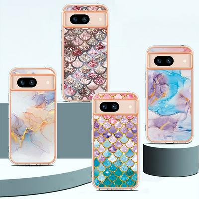 For Google Pixel 8A IMD Anti-dirt Anti-scratch Soft TPU Case Electroplating Edge IMD Marble Floral Pattern Cover