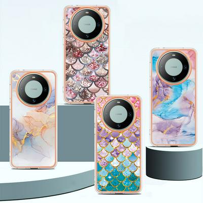 For Huawei Mate 60 Pro IMD Anti-dirt Anti-scratch Soft TPU Case Electroplating Edge IMD Marble Floral Pattern Cover