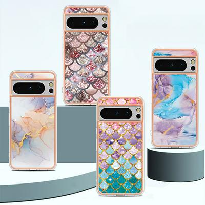 For Google Pixel 8 Pro IMD Anti-dirt Anti-scratch Soft TPU Case Electroplating Edge IMD Marble Floral Pattern Cover