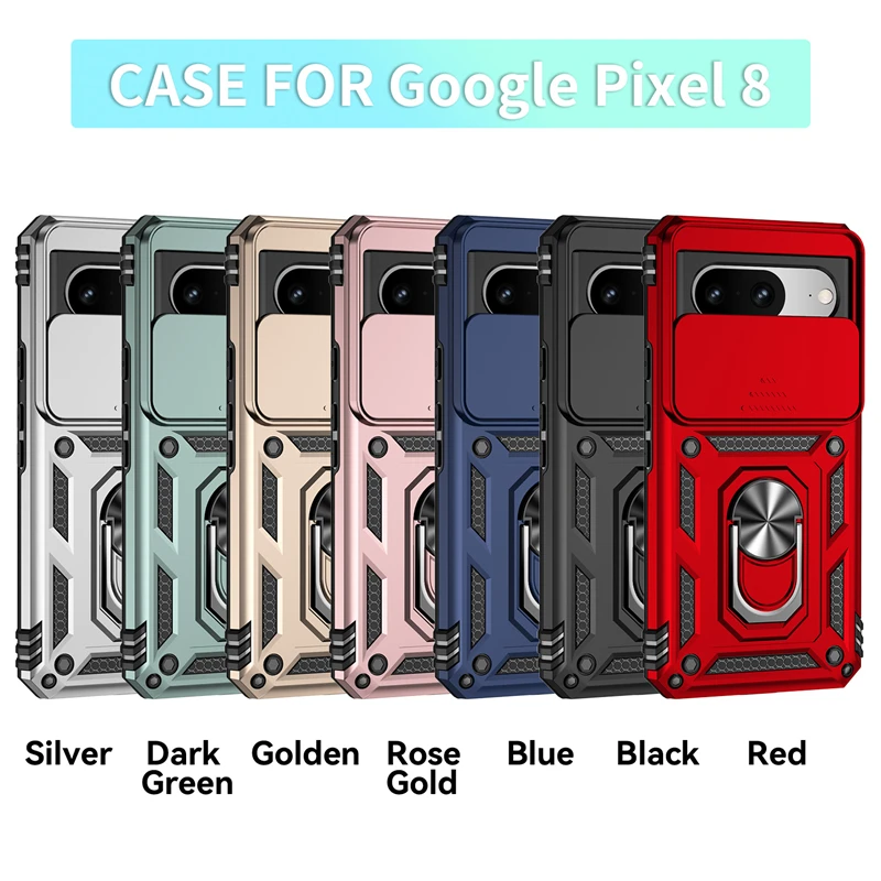 Google Pixel 8 Ring Holder Kickstand Camera Slide Cover Design PC + TPU Phone Back Cover Case