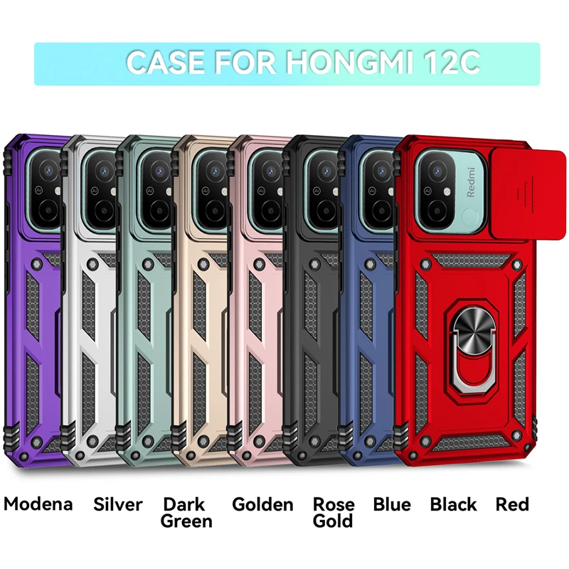 Xiaomi Redmi 12C Ring Holder Kickstand Camera Slide Cover Design PC + TPU Phone Back Cover Case