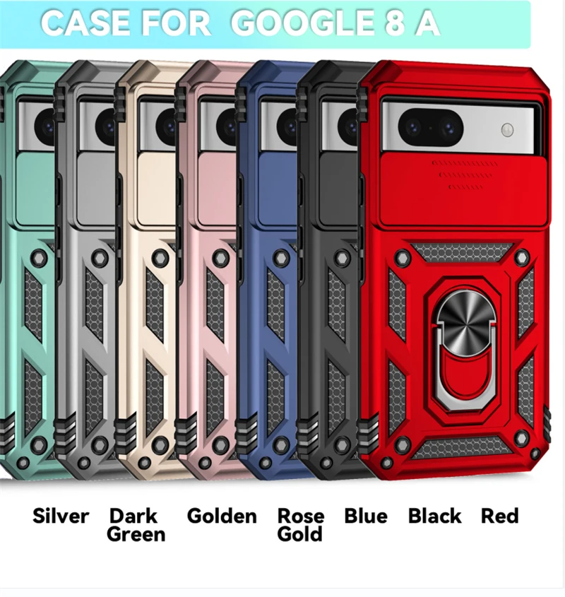 Google Pixel 8A Ring Holder Kickstand Camera Slide Cover Design PC + TPU Phone Back Cover Case
