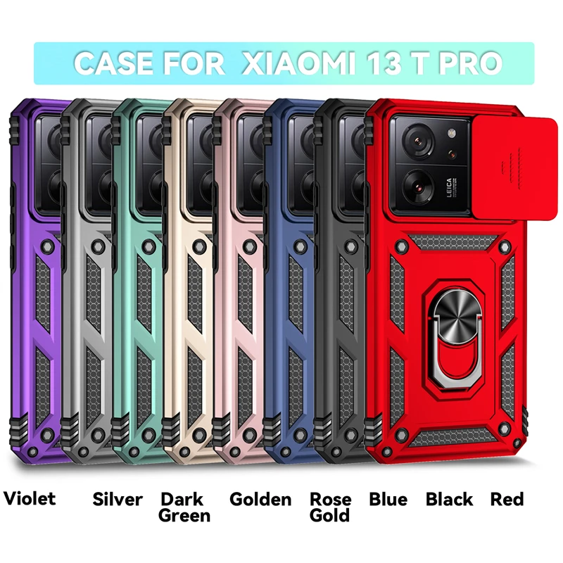 Xiaomi 13T Pro Ring Holder Kickstand Camera Slide Cover Design PC + TPU Phone Back Cover Case