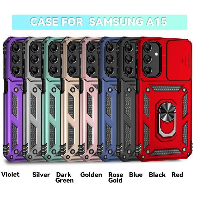 Samsung Galaxy A15 Ring Holder Kickstand Camera Slide Cover Design PC + TPU Phone Back Cover Case