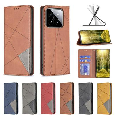 For Xiaomi 14 Stitching Rhombus Pattern Folio Flip PU Leather Wallet Phone Case