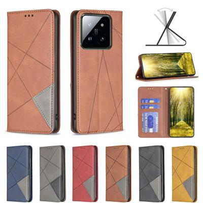 For Xiaomi 14 Pro Stitching Rhombus Pattern Folio Flip PU Leather Wallet Phone Case