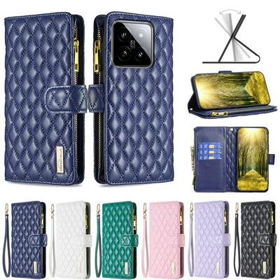 BINFEN COLOR BF15 for Xiaomi 14 Anti-drop Zipper Pocket Phone Case Imprinted Rhombus Pattern Flip Wallet Cover Stand
