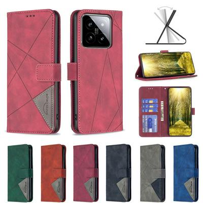 BF05 For Xiaomi 14 Stitching Rhombus Pattern Folio Flip PU Leather Wallet Phone Case