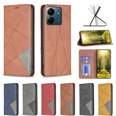 For Xiaomi Redmi 13C 4G 5G Stitching Rhombus Pattern Folio Flip PU Leather Wallet Phone Case