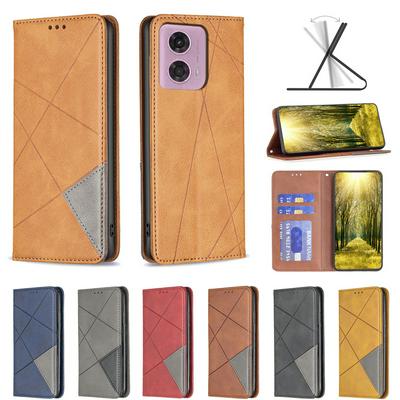For Motorola Moto G04/G24 Stitching Rhombus Pattern Folio Flip PU Leather Wallet Phone Case