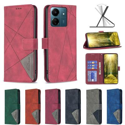 BF05 For Xiaomi Redmi 13C 4G 5G Stitching Rhombus Pattern Folio Flip PU Leather Wallet Phone Case