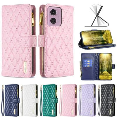 BINFEN COLOR BF15 for Motorola Moto G04/G24 Anti-drop Zipper Pocket Phone Case Imprinted Rhombus Pattern Flip Wallet Cover Stand