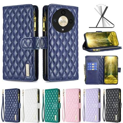 BINFEN COLOR BF15 for Honor X9B / Magic 6 Lite Anti-drop Zipper Pocket Phone Case Imprinted Rhombus Pattern Flip Wallet Cover Stand