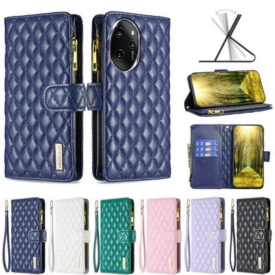 BINFEN COLOR BF15 for Honor 100 Pro Anti-drop Zipper Pocket Phone Case Imprinted Rhombus Pattern Flip Wallet Cover Stand