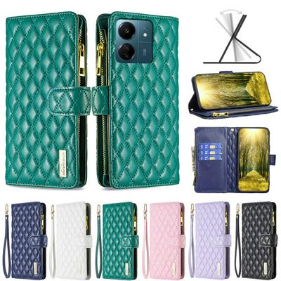 BINFEN COLOR BF15 for Xiaomi Redmi 13C 4G 5G Anti-drop Zipper Pocket Phone Case Imprinted Rhombus Pattern Flip Wallet Cover Stand