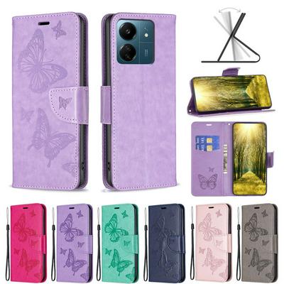 For Xiaomi Redmi 13C Embossed Double Butterfly Wallet Leather Case with Stand & Card Slots Function