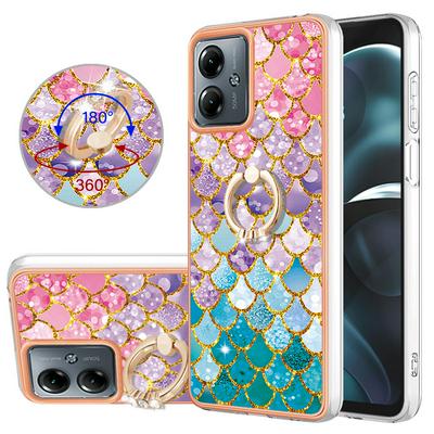 For Motorola Moto G14 IMD Series-6 Ring Kickstand Feature Anti-wear Electroplated Frame TPU Case IMD Protective Back Cover